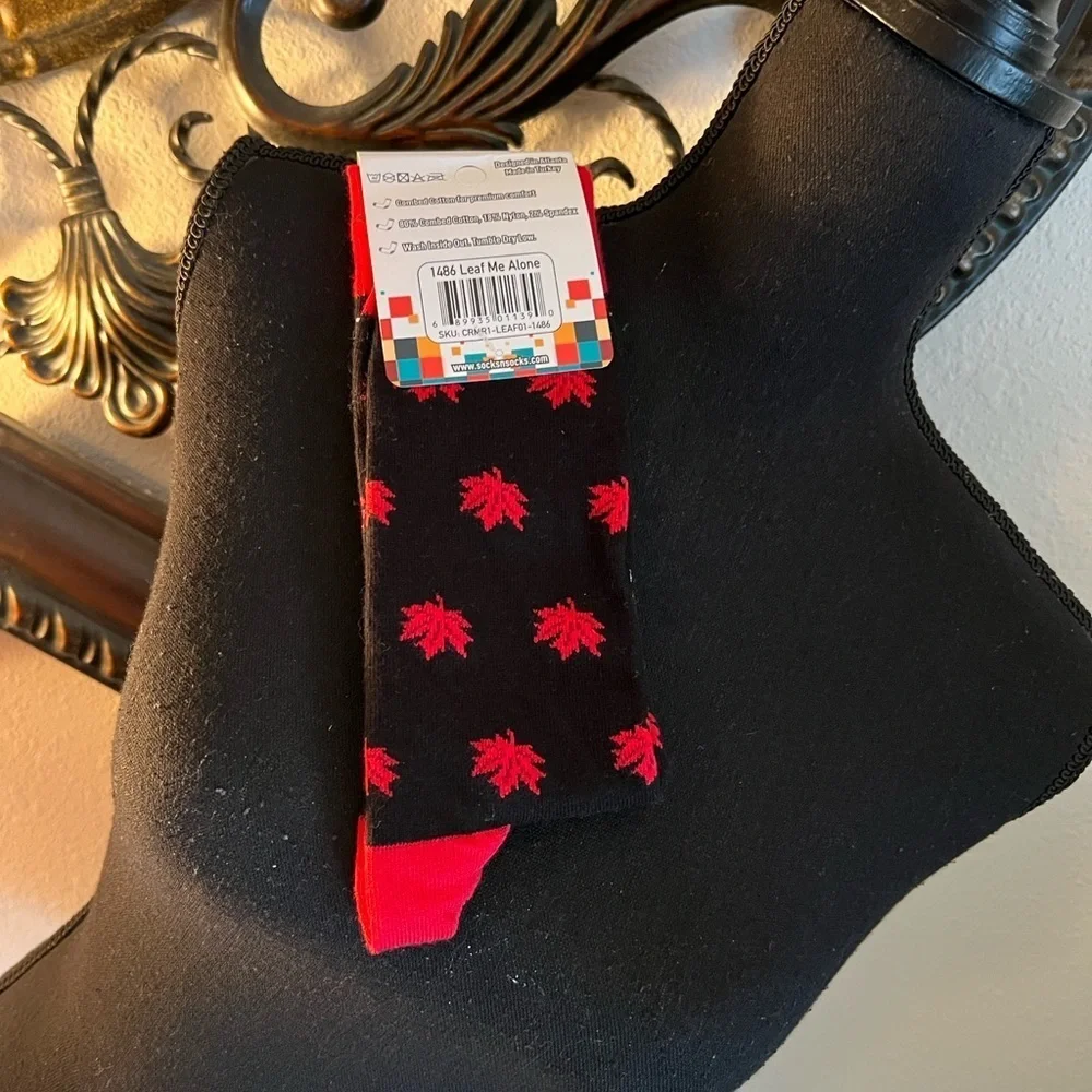 Socks N Socks Men’s Crew Socks Leaf Me Alone Black Red White Made In Turkey